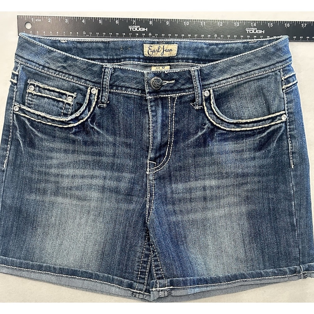 Earl Jean Denim Shorts Womens Size 10 Thick Stitch Rhinestones Cuffed Pockets - Picture 5 of 9